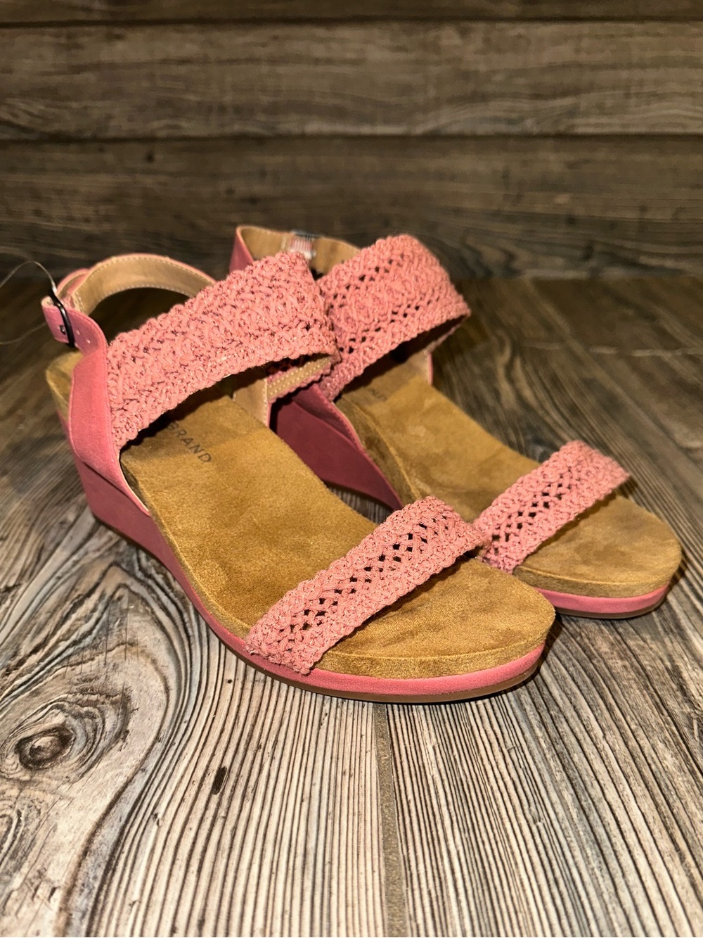 New Lucky Brand Women’s Pink Dusty Rose Mauve Crochet Wedge Sandals Size 7 Boho